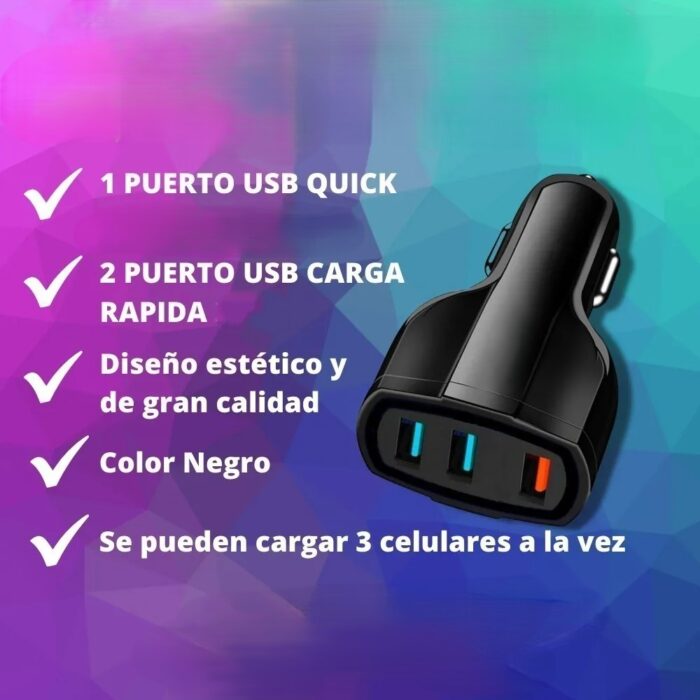 CARGADOR 3 USB PARA AUTO CAR CHARGER 3.0 12/24v 2.5A L6 - Imagen 3