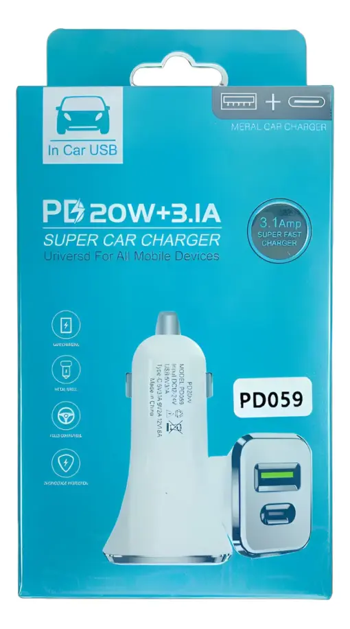 Cargador Carro Auto Usb - Tipo C - 20w - 12-24v Super Rápido